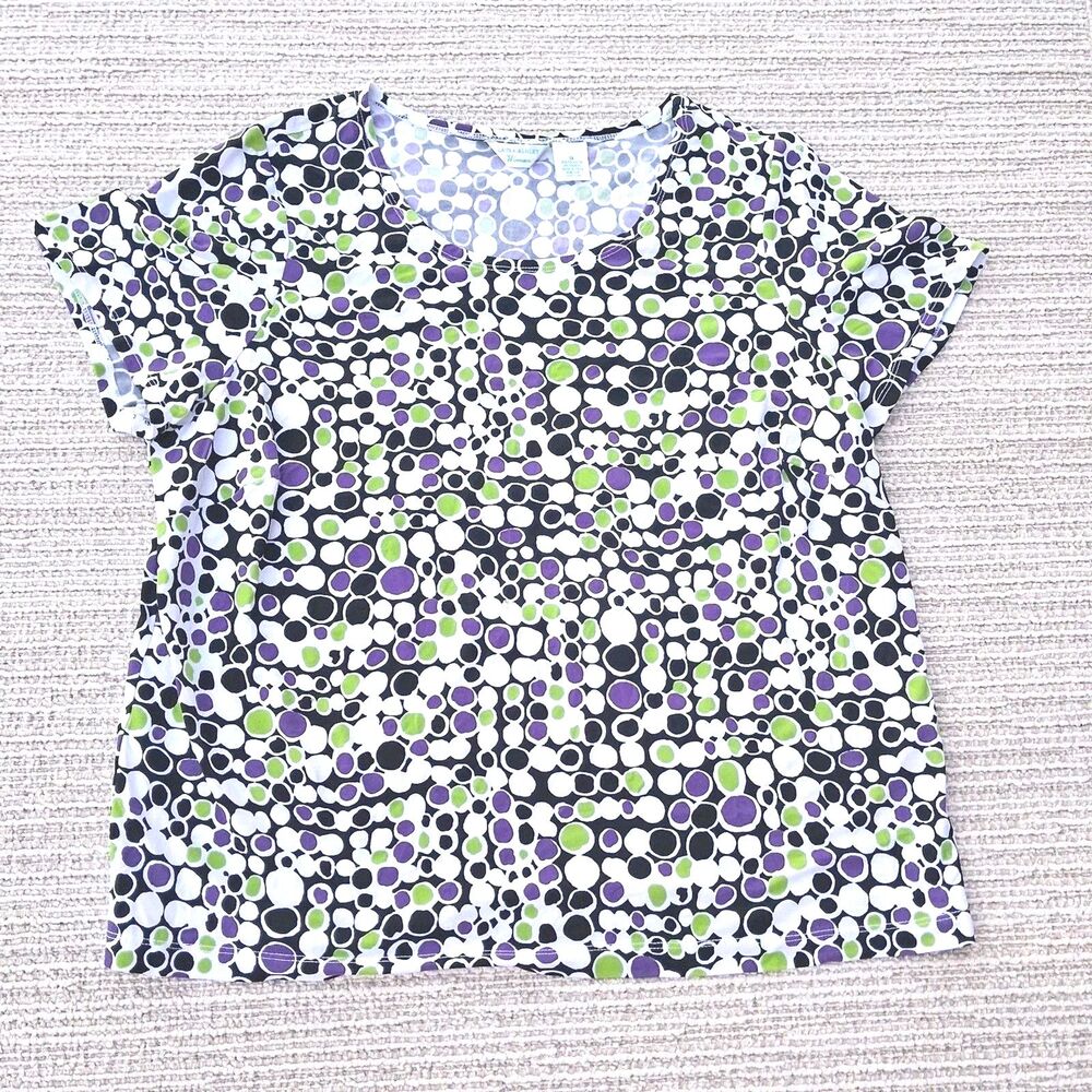 Laura Ashley Woman 1X Blouse Top Purple Green Polka Dot Circles Short Sleeve